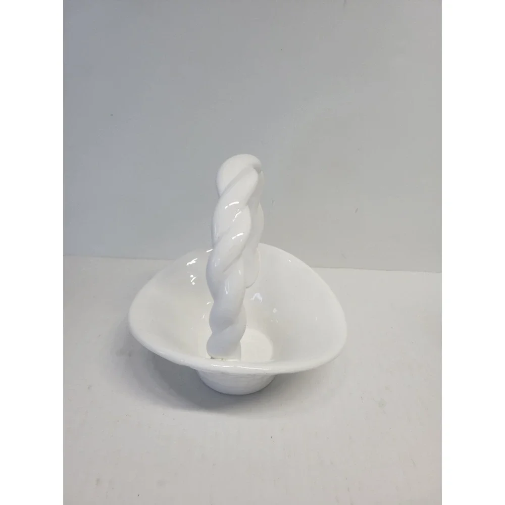 Vintage White Ceramic Woven Basket with Twisted Rope Handle Glossy Finish‎